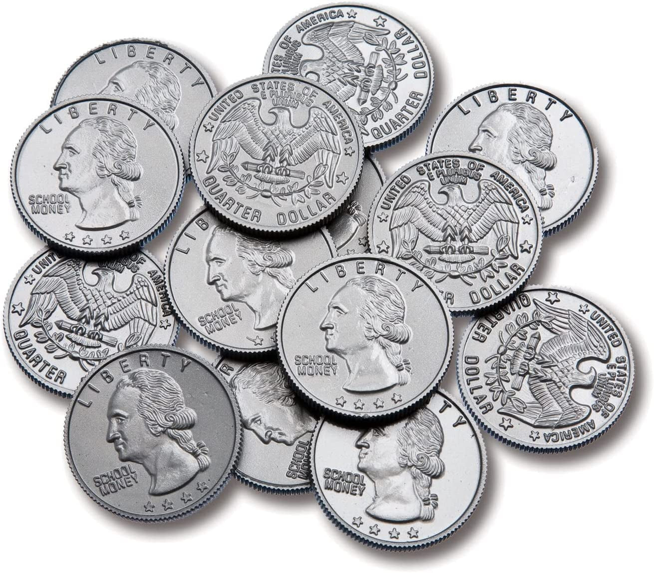 Play Quarters - Set of 100 Plastic Coins - Designed and Sized like Real US Currency - Teach Money Math with This Pretend Play Resource Master Coins - WORLD TIME VISITS
