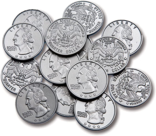 Play Quarters - Set of 100 Plastic Coins - Designed and Sized like Real US Currency - Teach Money Math with This Pretend Play Resource Master Coins - WORLD TIME VISITS