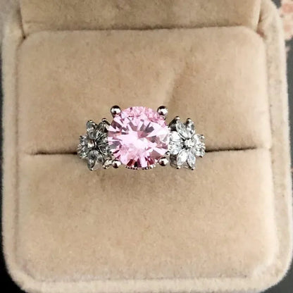 Women 925 Silver Plated Pink CZ Sapphire Wedding Birthstone Bride Flower Jewelry Ring Size 6-10