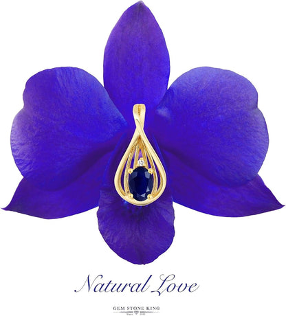 10K Yellow Gold Blue Sapphire and White Diamond Teardrop Pendant Necklace for Women (0.55 Cttw, Gemstone September Birthstone, Oval 6X4MM, with 18 Inch Chain)