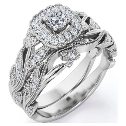 Antique - round Diamond - Edwardian Diamond Filigree Ring - Art Deco Style - Wedding Ring Set in 10K White Gold