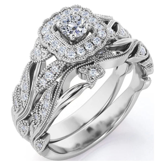 Antique - round Diamond - Edwardian Diamond Filigree Ring - Art Deco Style - Wedding Ring Set in 10K White Gold