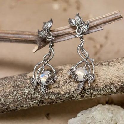 Delicate Floral Moonstone Earrings Elf Style Long Dangle Earrings Women Party Dresses Accessories Jewelry
