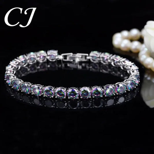 CANDICE Silver Plated Micro Pave round Rainbow Crystal Stone Women Tennis Bracelet for Evening Party Jewelry