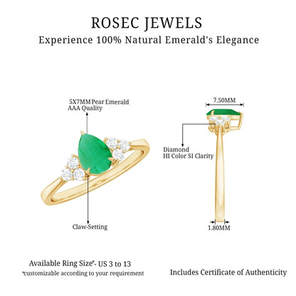 Pear Shape Emerald Solitaire Ring with Diamond for Women - 5X7 Mm (AAA Grade), 14K Yellow Gold, US 3.00