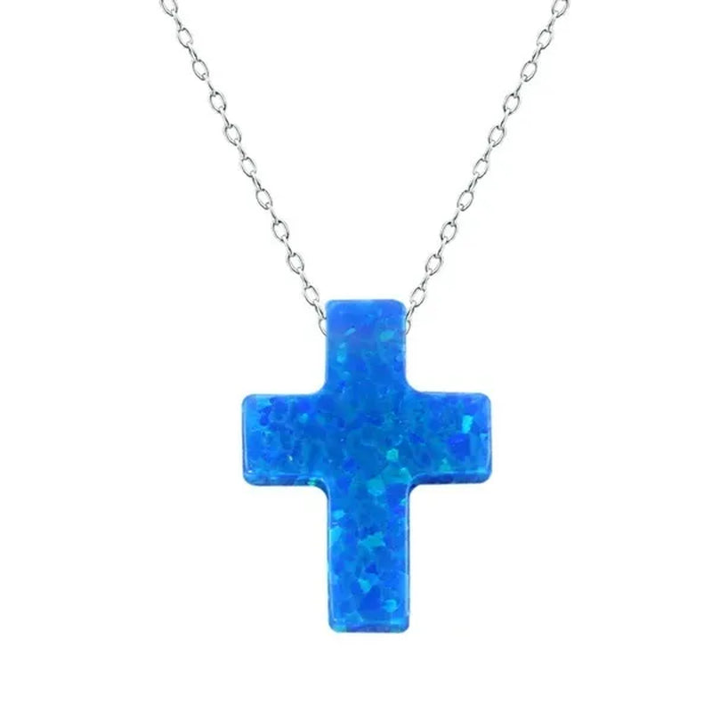 Blue Opal Cross Shaped Pendant Necklace for Women 925 Sterling Silver Chain Opal Jewelry