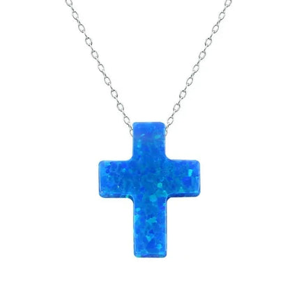 Blue Opal Cross Shaped Pendant Necklace for Women 925 Sterling Silver Chain Opal Jewelry