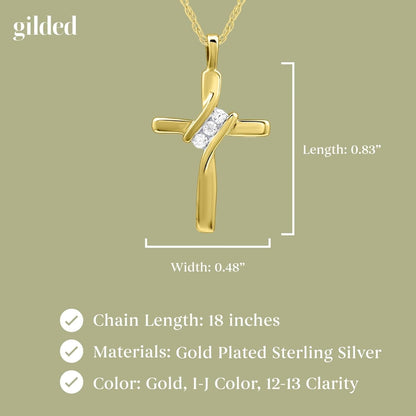 Small 14KT Yellow Gold Plated & Sterling Silver Natural Round-Cut Diamond Accent 3 Stone Cross Pendant with an 18 Inch Chain