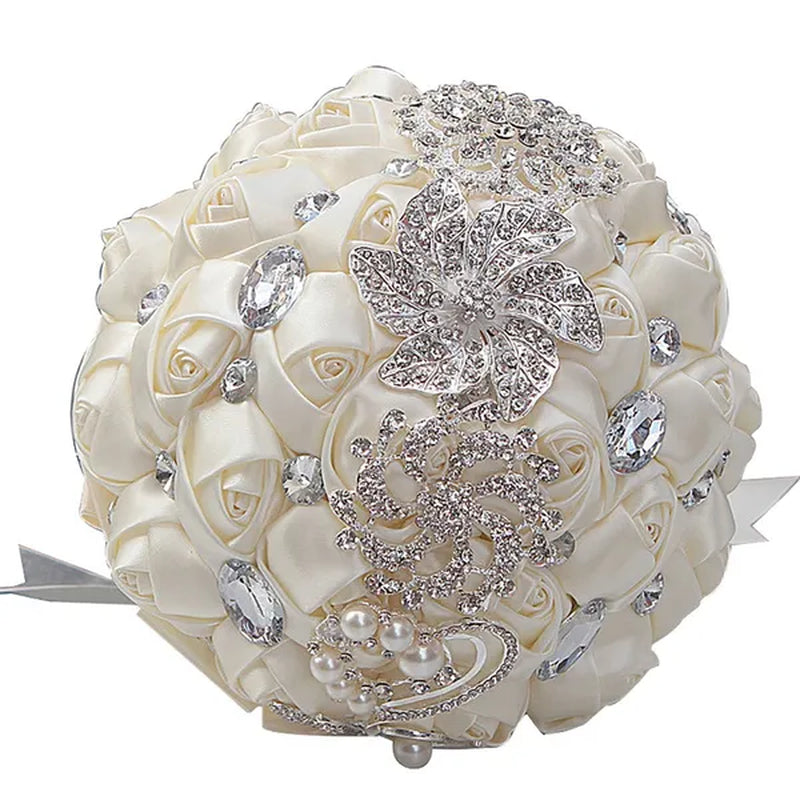 18CM Simulation Silk Rose Wedding Flowers Bouquet Diamond Brooch Bridal Bouquet Creative DIY Bridesmaid Holding Flowers Wedding Party Valentine'S Day Gift