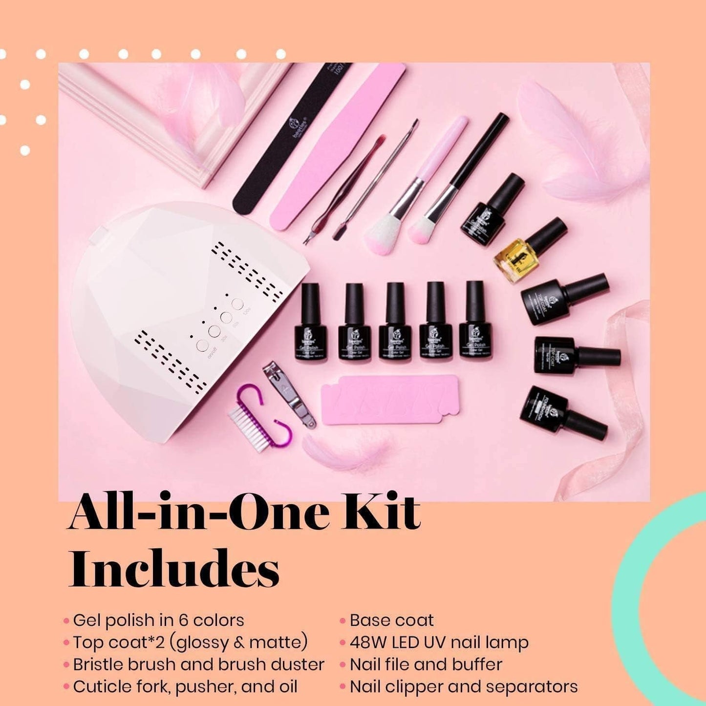 Beetles Gel Nail Polish Kit with Uv Light 48W LED Nail Lamp,6 Colors Nude Neutral Gel Polish Starter Kit Peach Pink Purple Burgundy Red Manicure Set Soak off Gel Polish Base Gel Top Coat Gifts for Her