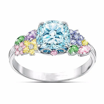Unique Flower Silver Multicolor Gemstone Aquamarine Square Princess Ring Woman Engagement Ring Anniversary Statement Natural Gemstones Pink Sapphire Ring