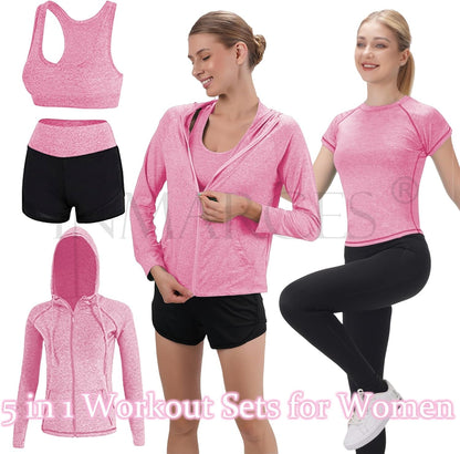 Workout Sets for Women 5 PCS Yoga Outfits Activewear Tracksuit Sets