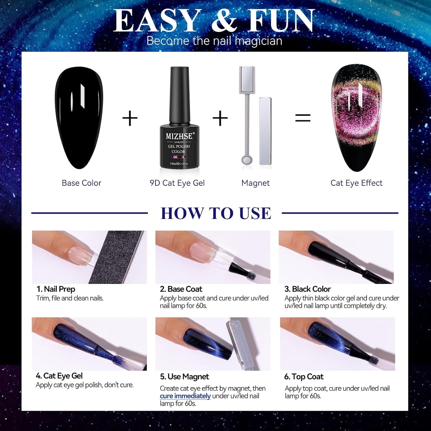 9D Cat Eye Gel Nail Polish, Magnetic Cat Eye Gel Polish Set, 10Ml*6 with 2 Magnets, Classic Colors Chameleon Magic Galaxy Effect Soak off Nail Art - Sparkle Stunning Gel Polish Gift for Women