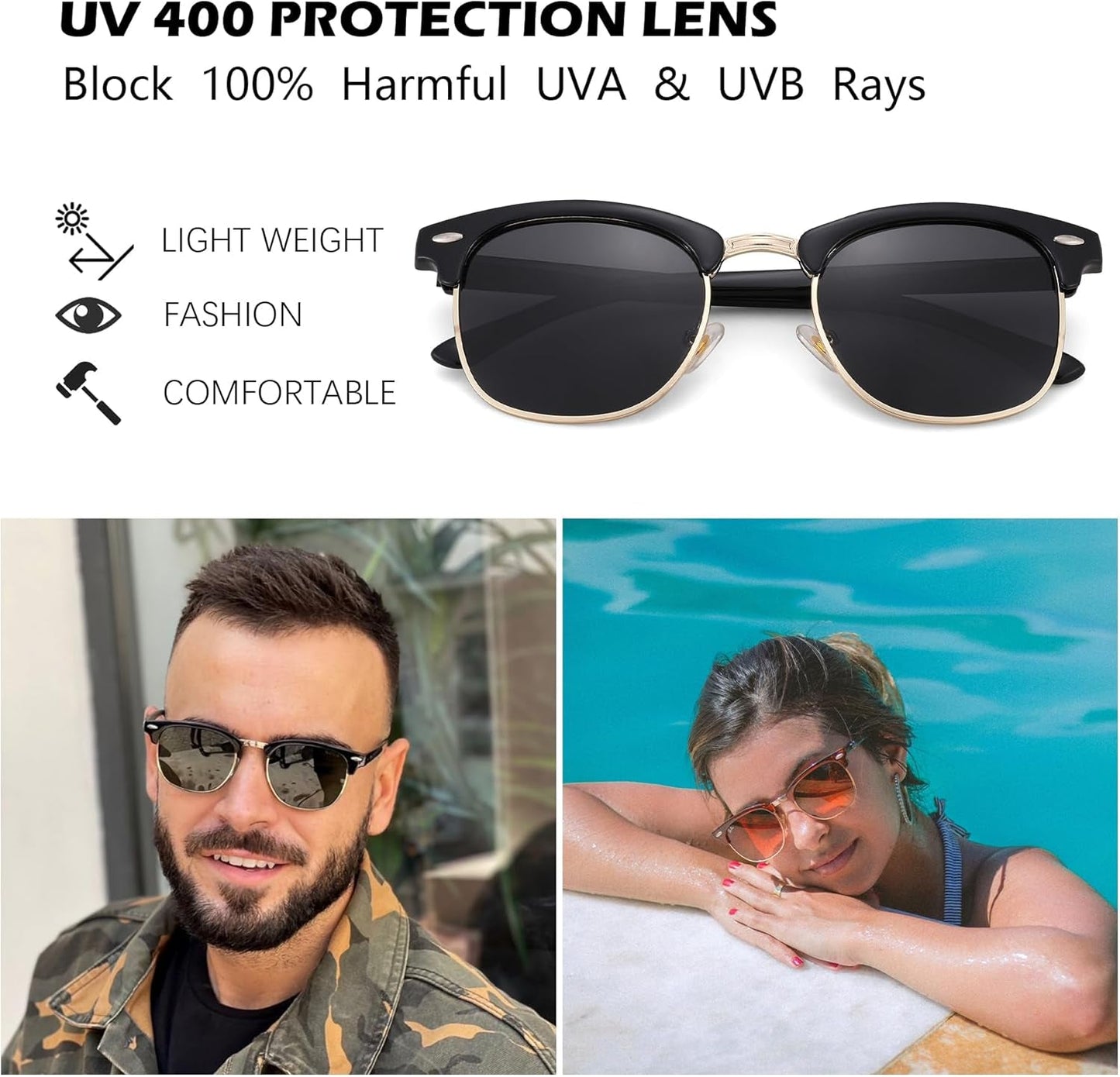 Semi-Rimless Polarized Sunglasses UV 400 Protection for Women Men