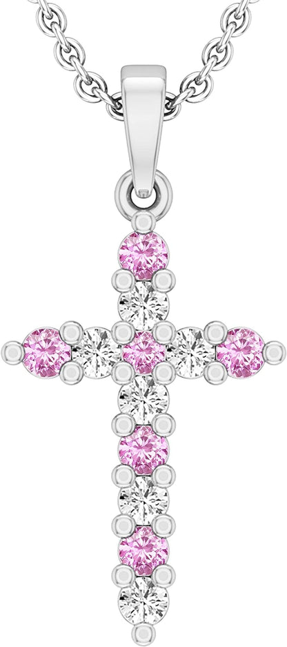 Alternate round Diamond or Gemstone Crucifix Cross Pendant for Ladies with 18 Inch Silver Chain, 925 Sterling Silver