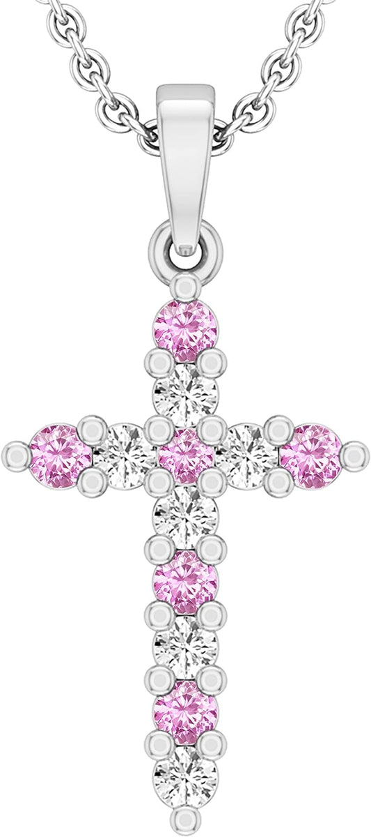 Alternate round Diamond or Gemstone Crucifix Cross Pendant for Ladies with 18 Inch Silver Chain, 925 Sterling Silver