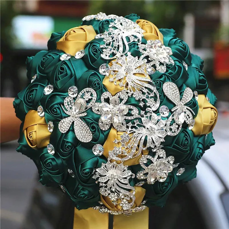 21CM Silver Rhinestone Bridal Hand Flowers Ribbon Wedding Hand Bouquet Mixed Color Silk Rose Diamond Brooch Bridesmaid Bouquet Wedding Supplies