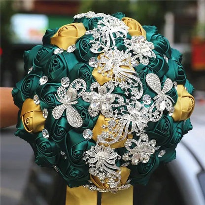 21CM Silver Rhinestone Bridal Hand Flowers Ribbon Wedding Hand Bouquet Mixed Color Silk Rose Diamond Brooch Bridesmaid Bouquet Wedding Supplies