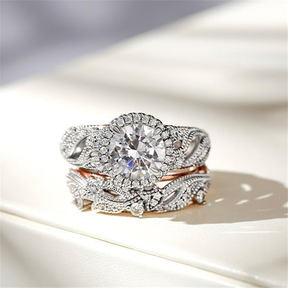4 Carat Openwork Ring Sets for Women 925 Sterling Silver Wedding Sets Rose Gold round Cut Halo Engagement Ring White Diamond Band CZ Solitaire Anniversary Promise Rings - WORLD TIME VISITS