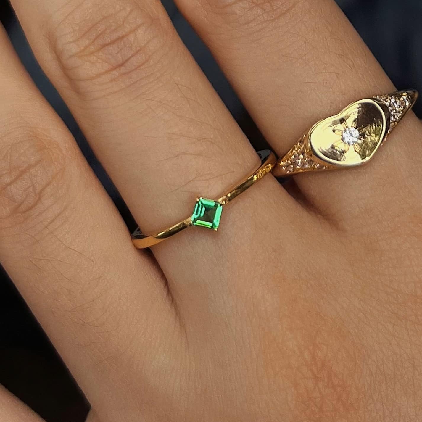 18K Gold Emerald Rings Simple Square Cut Dainty Delicate Rings Fine Jewelry for Women Girls