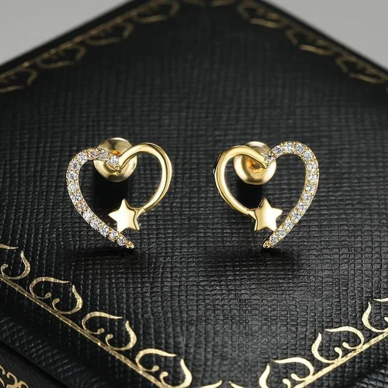 14K Gold Love Heart Star White Zircon Stud Earrings for Women Wedding Engagement Bride Jewelry Gift