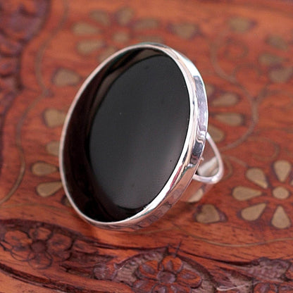 Artisan Handmade Obsidian Large Cocktail Ring Outsized Mexican 950 Fine Silver Black Mexico Taxco 'New Moon over Taxco'