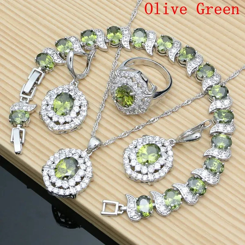 Oval 925 Silver Party Jewelry Sets blue sapphire White CZ Earrings Pendant Necklace Rings Bracelet Gift For Women