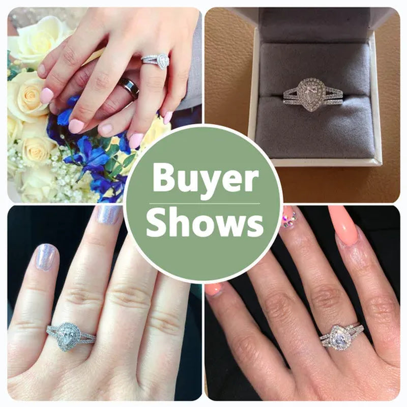 Newshe 2Pcs Wedding Ring Set Classic Jewelry Pear Shape 1.2 Carats AAAAA CZ 925 Sterling Silver Teardrop Engagement Rings for Women Size 5-12