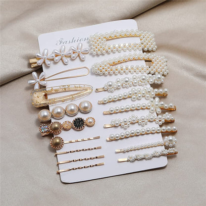Women Hair Accessories 18PCS Handmade Simulation Pearl Barrettes Clip Set Geometric Flower Bobby Hairpin Girls Headwear…