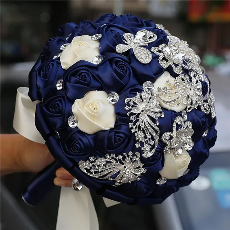21CM Silver Rhinestone Bridal Hand Flowers Ribbon Wedding Hand Bouquet Mixed Color Silk Rose Diamond Brooch Bridesmaid Bouquet Wedding Supplies