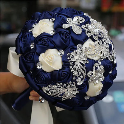 21CM Silver Rhinestone Bridal Hand Flowers Ribbon Wedding Hand Bouquet Mixed Color Silk Rose Diamond Brooch Bridesmaid Bouquet Wedding Supplies