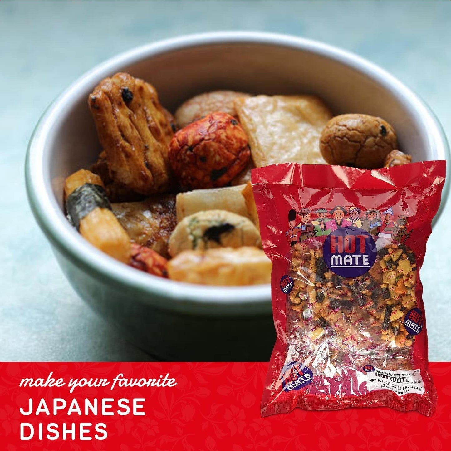 Hot Mate Japanese Rice Cracker | Oriental Asian Arare Rice Crackers with Glutinous Rice, Wasabi Green Peas, and Soy Sauce | Mixed Flavor, 16 Oz. (Pack of 1)