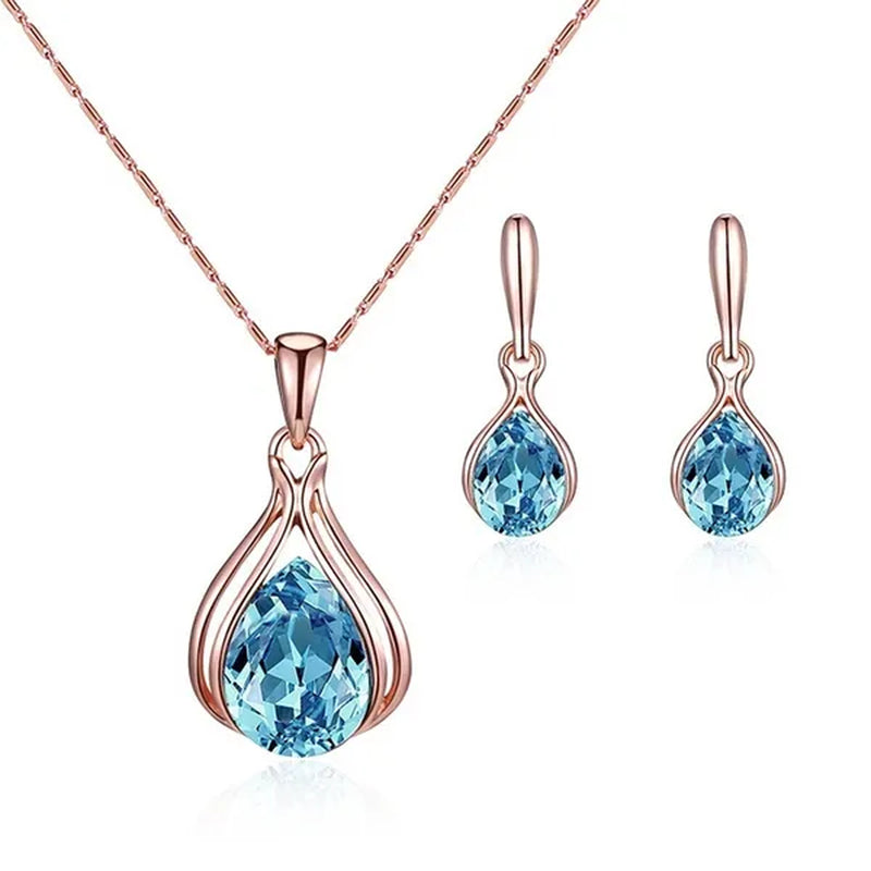 3 Pcs/set Elegant Luxury Design Wedding Earrings Rose Gold Necklace Earrings Crystal Pendant Set Jewelry Set