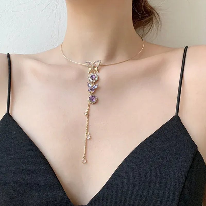 Elegant Metal Round Chain Choker Jewelry for Women Girls Fashion Purple Crystal Butterfly Necklace