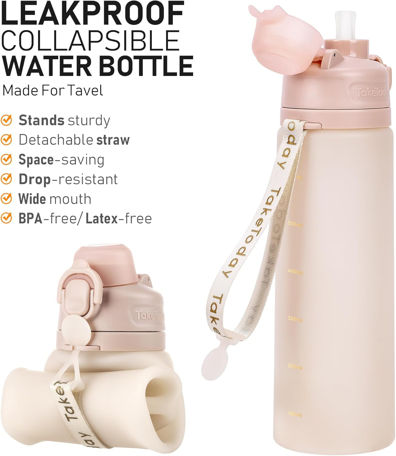 Collapsible Water Bottles 20Oz, Leak Proof, Bpa-Free, Foldable Silicone Travel Water Bottle with Straw Strap for Cycling, Hiking, Outdoors