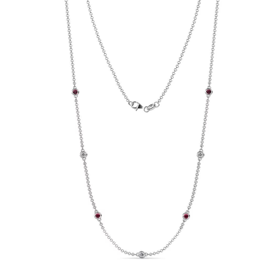Holiday Offer - 7 Stone Petite Ruby and Lab Grown Diamond Womens Station Necklace (VS2-SI1,G-H) 0.47 Ctw 14K White Gold - WORLD TIME VISITS