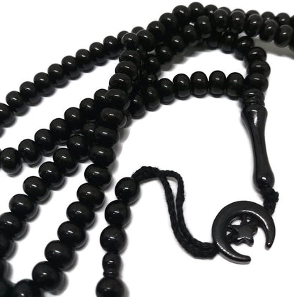 Islam Prayer Tasbih 99 Beads AMN-303 Muslim 8 Mm. Rosary Bead Moon Star Decorated Tassels Haj Eid Ramadan Gift (Black)