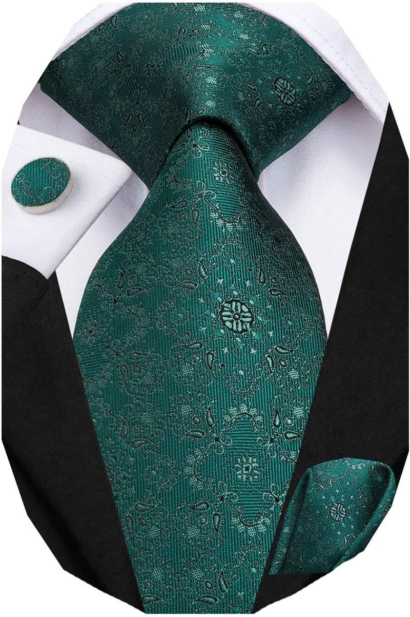 Mens Paisley Floral Silk Tie for Men Striped Necktie and Pocket Square Cufflinks Set Wedding Business