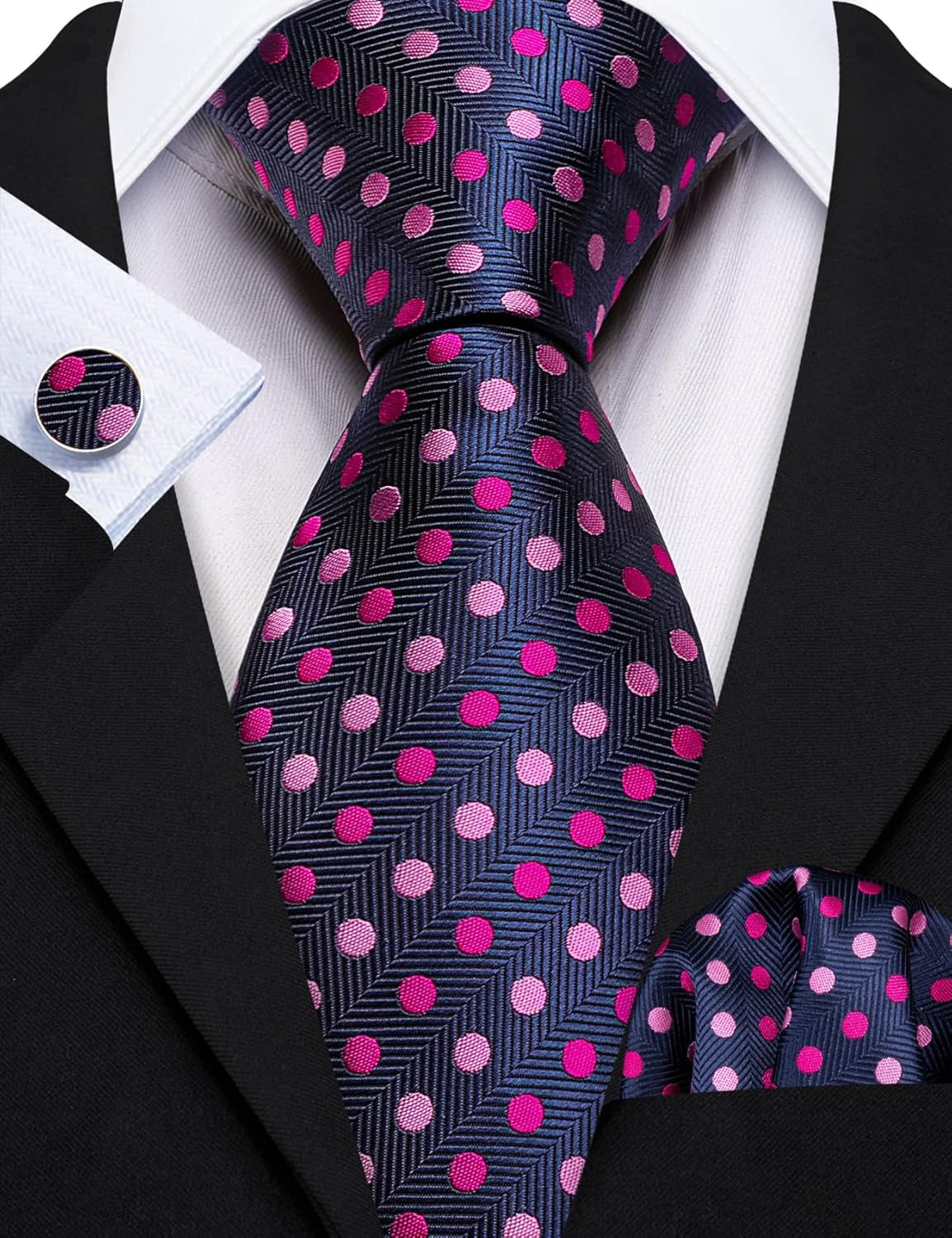 Men'S Tie Set Polka Dot Handkerchief Cufflinks Plaid Fashion Neckties Wedding Business