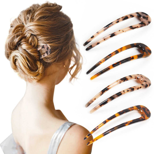 4 Pack Upgraded French Hair Pins Tortoise Shell U Shape Updo Hair Forks Clips for Thin Thick Hair,5.1 Inch Classic Cellulose Acetate 2 Prong Bun Hair Sticks Chignon Women Vintage Hairstyle