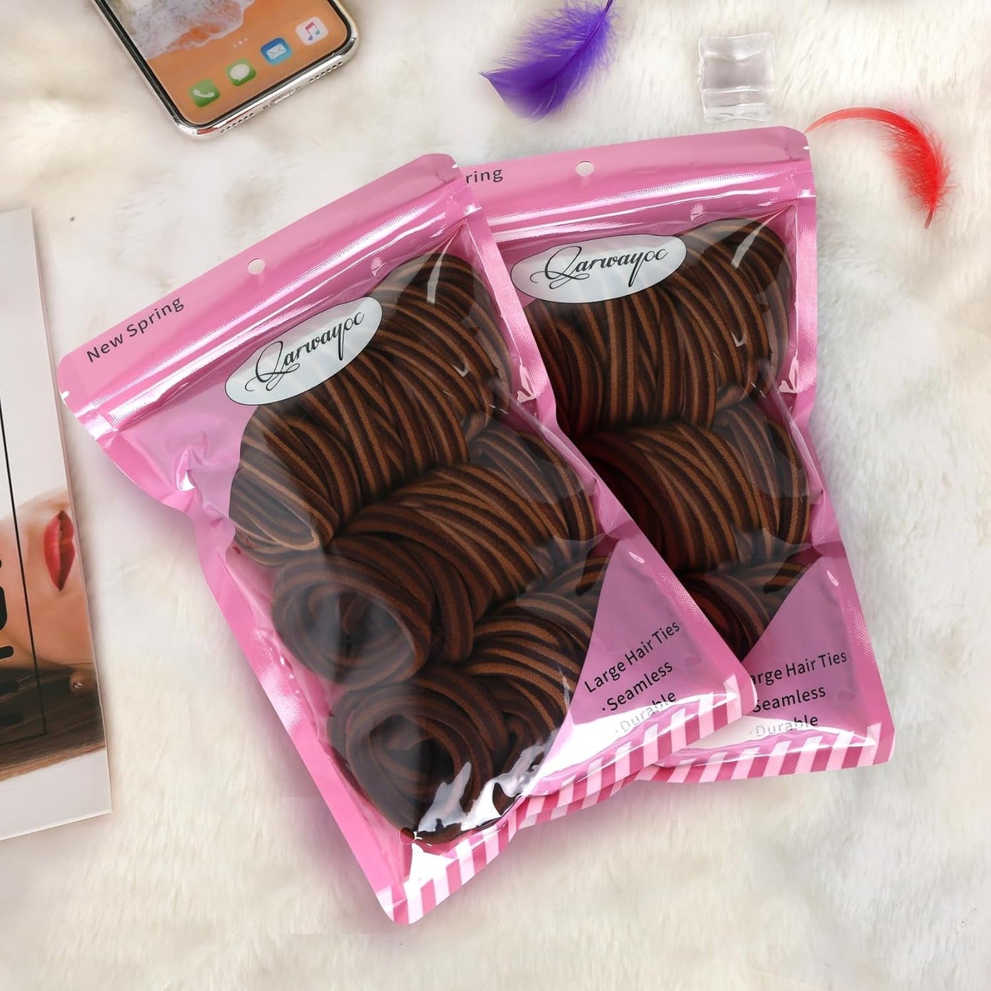 50PCS Thick Hair Ties, Cotton Hair Bands for Thick Curly Heavy Hair, Brown, 2 Inch in Diameter, No Damage, Seamless, Two Color MIXTURE, Lasting Fashion