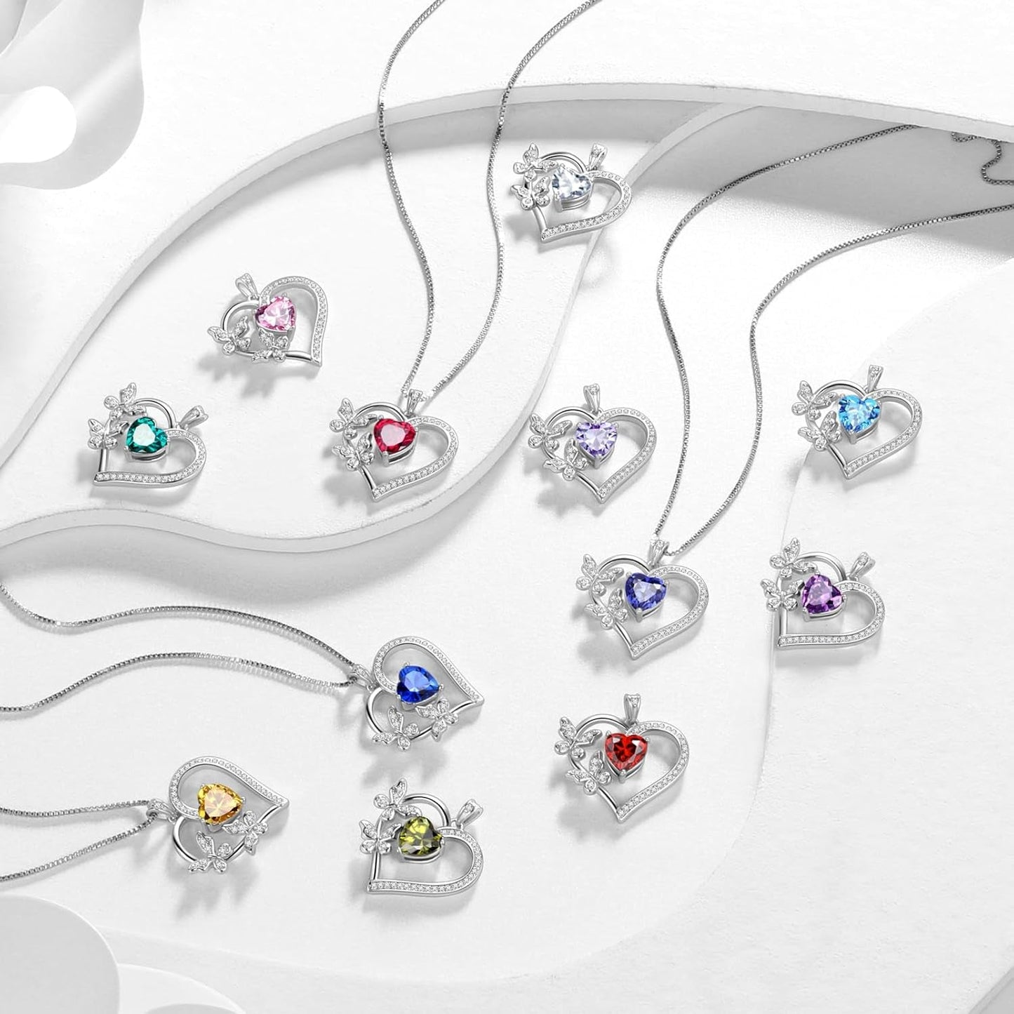 Heart Butterfly Pendant Necklace - 925 Sterling Silver Birthstone Heart Crystal Necklace Gifts for Women Jewelry Mothers Day Valentines Birthday Gifts for Girls