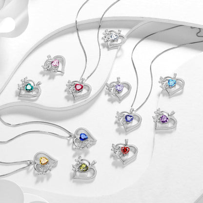 Heart Butterfly Pendant Necklace - 925 Sterling Silver Birthstone Heart Crystal Necklace Gifts for Women Jewelry Mothers Day Valentines Birthday Gifts for Girls