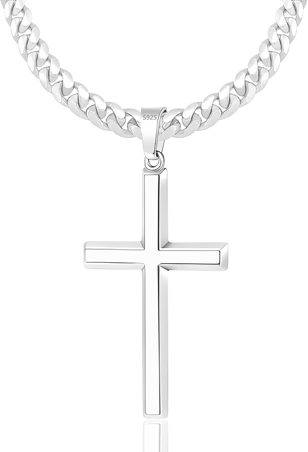 S925 Sterling Silver / 14K Gold Plated Beveled Edge Cross Necklace for Men Women with 5Mm Diamond Cut Cuban Link Chain, Fashionable Men'S Crucifix Pendant Chain Necklaces 16-30 Inches