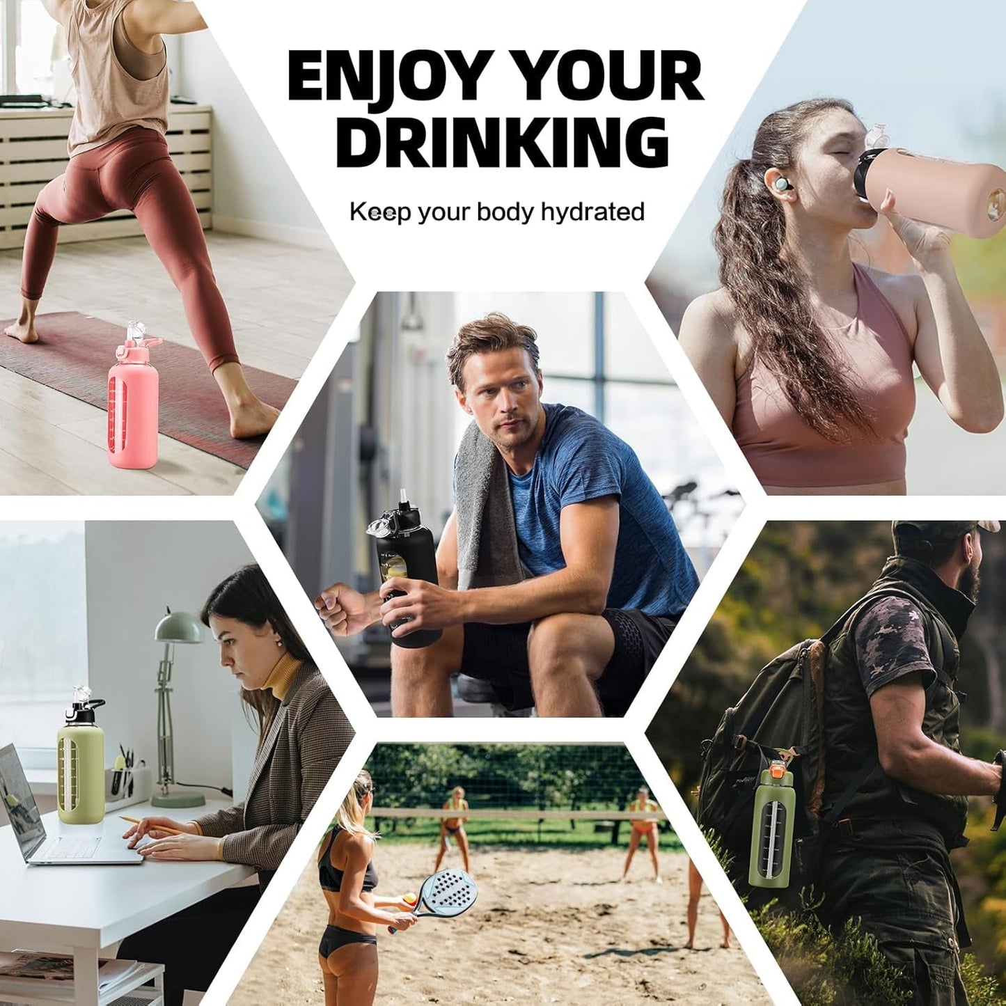 64 Oz Glass Water Bolttles with Straw Half Gallon Large Motivational Water Bottle with Time Marker Sports Water Bottles with Silicone Sleeve and Handle Lid Water Jug for Gym Workout