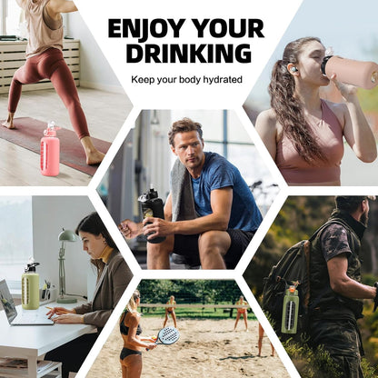 64 Oz Glass Water Bolttles with Straw Half Gallon Large Motivational Water Bottle with Time Marker Sports Water Bottles with Silicone Sleeve and Handle Lid Water Jug for Gym Workout