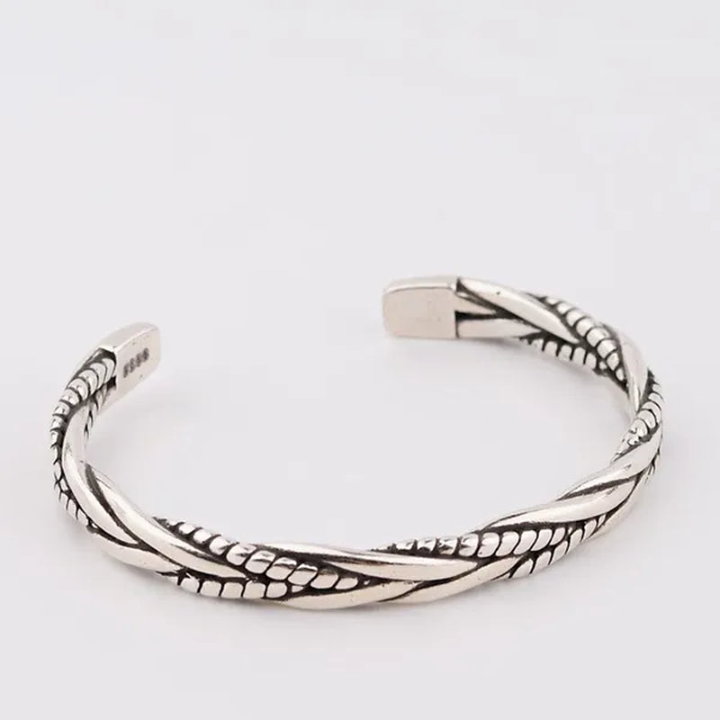 925 Sterling Silver Twisted Woven Bracelet Man Women Neutral Retro Thai Original Handmade Exquisite Unique Opening Bangle Gift - WORLD TIME VISITS