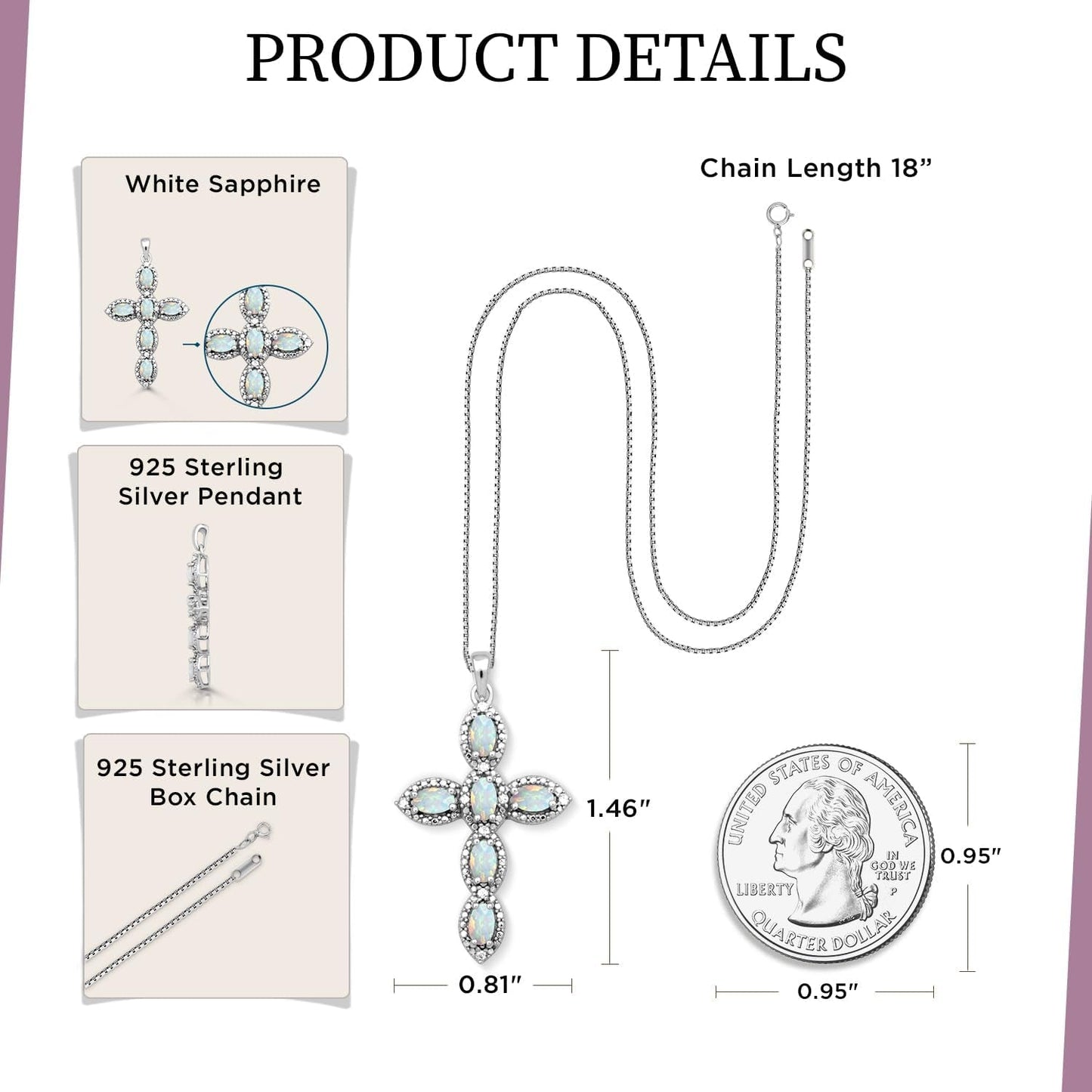 Cross Pendant Necklace in Sterling Silver with Oval Shape Created Opal or Created Ruby or Created Pink Sapphire and round Created White Sapphire, 18” Box Chain
