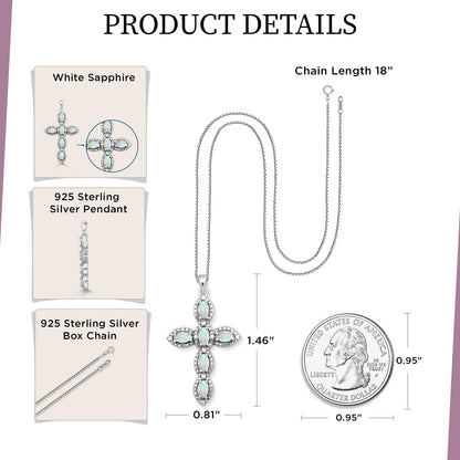 Cross Pendant Necklace in Sterling Silver with Oval Shape Created Opal or Created Ruby or Created Pink Sapphire and round Created White Sapphire, 18” Box Chain