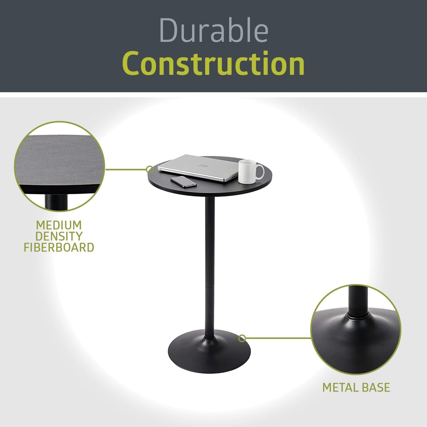 Santina, Single round Cocktail Bar, Pub, and Bistro High Top Table with Black Top and Base